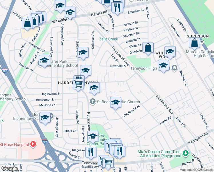 map of restaurants, bars, coffee shops, grocery stores, and more near 26730 Tyrrell Avenue in Hayward