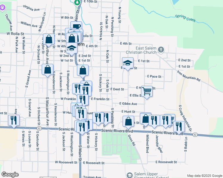 map of restaurants, bars, coffee shops, grocery stores, and more near 400 South Pershing Street in Salem