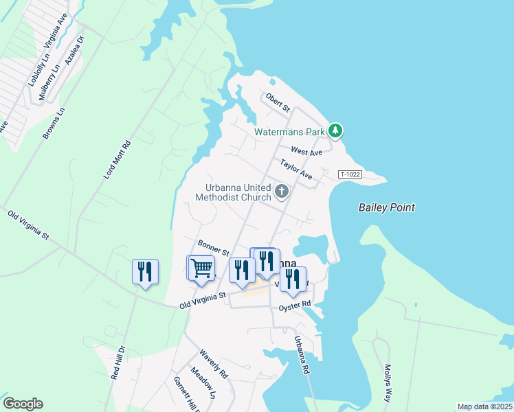 map of restaurants, bars, coffee shops, grocery stores, and more near 290 Marston Avenue in Urbanna