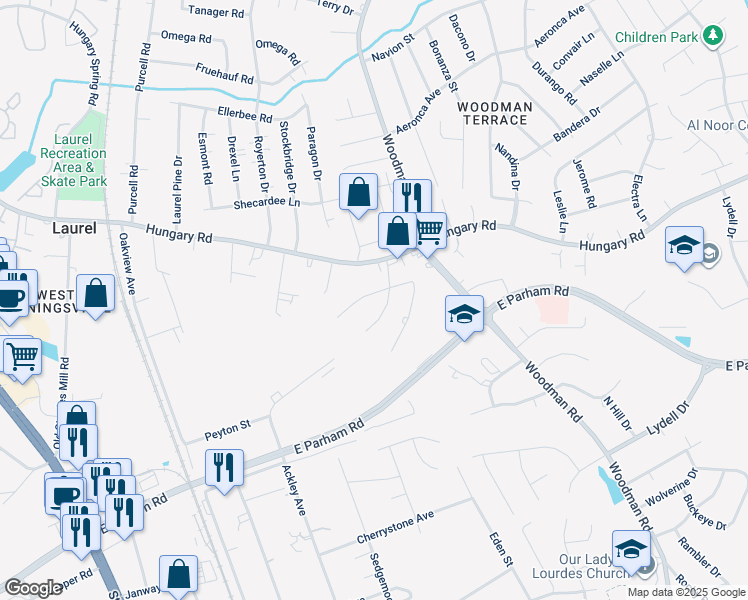 map of restaurants, bars, coffee shops, grocery stores, and more near 2403 Agra Drive in Richmond