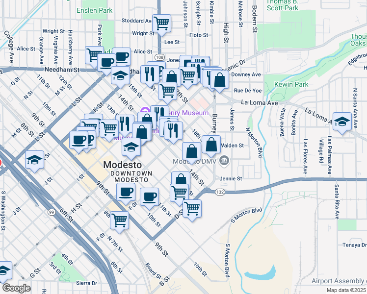 map of restaurants, bars, coffee shops, grocery stores, and more near 622 15th Street in Modesto
