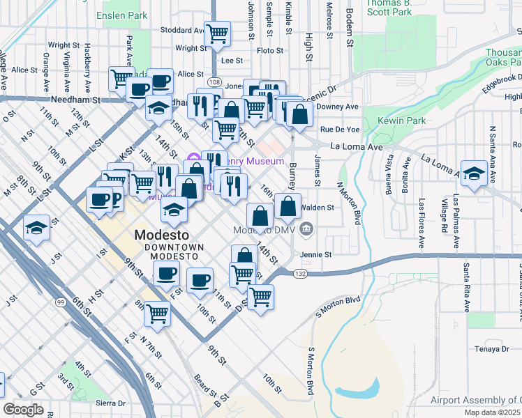 map of restaurants, bars, coffee shops, grocery stores, and more near 622 15th Street in Modesto