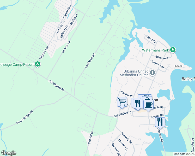 map of restaurants, bars, coffee shops, grocery stores, and more near 208 Lord Mott Road in Urbanna
