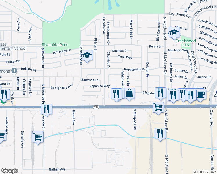 map of restaurants, bars, coffee shops, grocery stores, and more near 3006 Japonica Way in Modesto