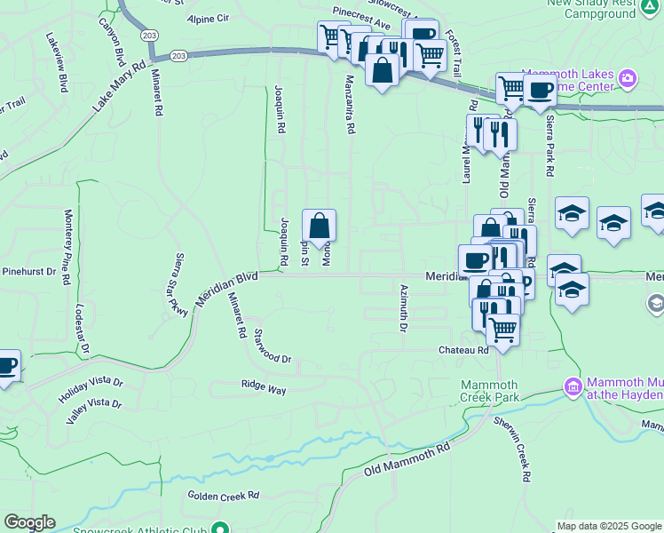 map of restaurants, bars, coffee shops, grocery stores, and more near 484 Manzanita Road in Mammoth Lakes