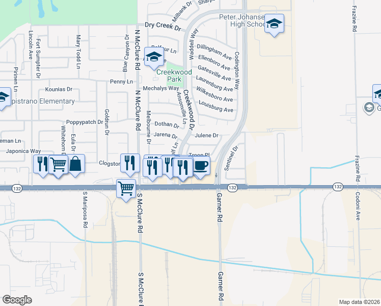 map of restaurants, bars, coffee shops, grocery stores, and more near 3709 Jarena Drive in Modesto