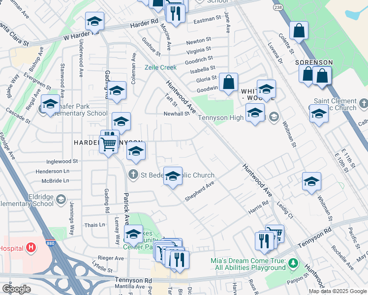 map of restaurants, bars, coffee shops, grocery stores, and more near 447 Schafer Road in Hayward