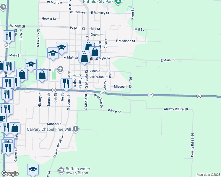 map of restaurants, bars, coffee shops, grocery stores, and more near 601-627 Missouri in Buffalo