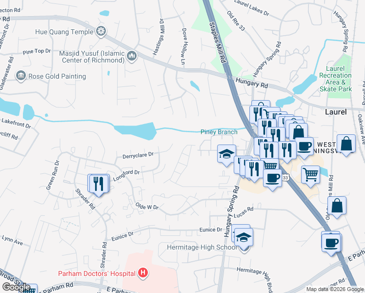map of restaurants, bars, coffee shops, grocery stores, and more near 7500 Derryclare Drive in Richmond