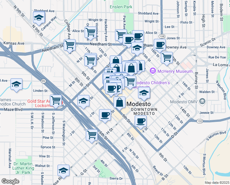 map of restaurants, bars, coffee shops, grocery stores, and more near J Street in Modesto