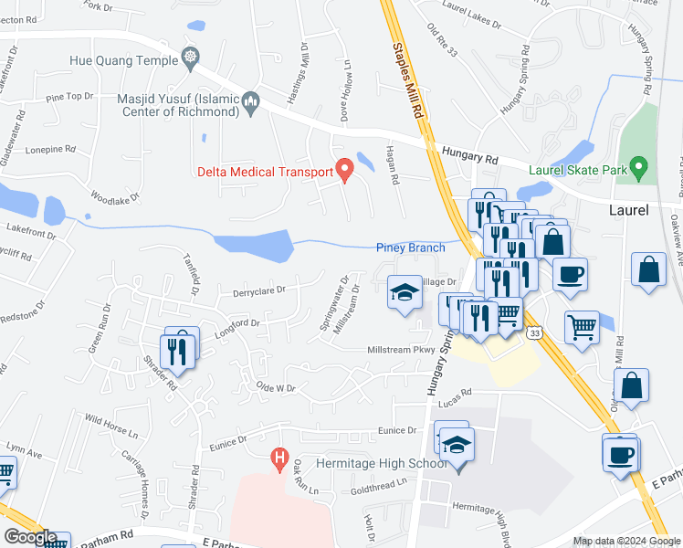 map of restaurants, bars, coffee shops, grocery stores, and more near 8726 Springwater Drive in Henrico
