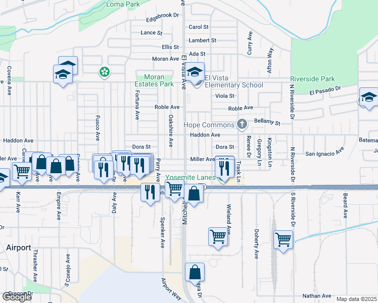 map of restaurants, bars, coffee shops, grocery stores, and more near 212 El Vista Avenue in Modesto