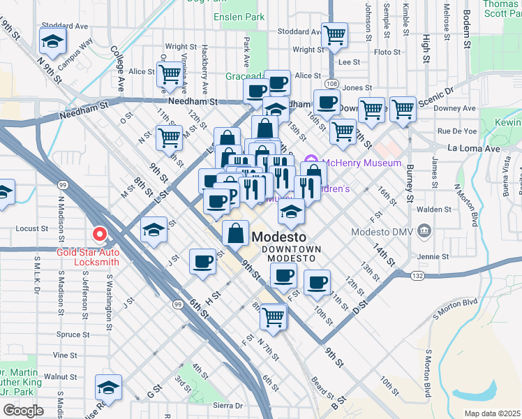 map of restaurants, bars, coffee shops, grocery stores, and more near 1125 I Street in Modesto