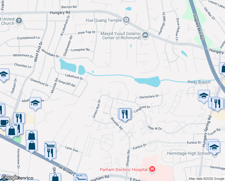 map of restaurants, bars, coffee shops, grocery stores, and more near 4944 Tanfield Drive in Richmond