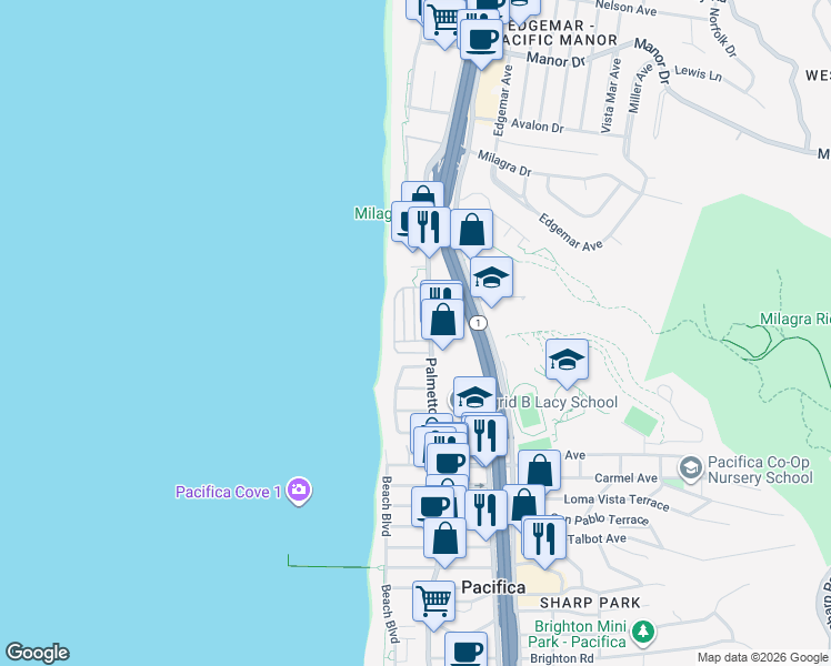 map of restaurants, bars, coffee shops, grocery stores, and more near 1300 Palmetto Avenue in Pacifica