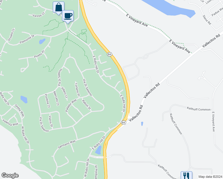 map of restaurants, bars, coffee shops, grocery stores, and more near 3333 East Ruby Hill Drive in Pleasanton