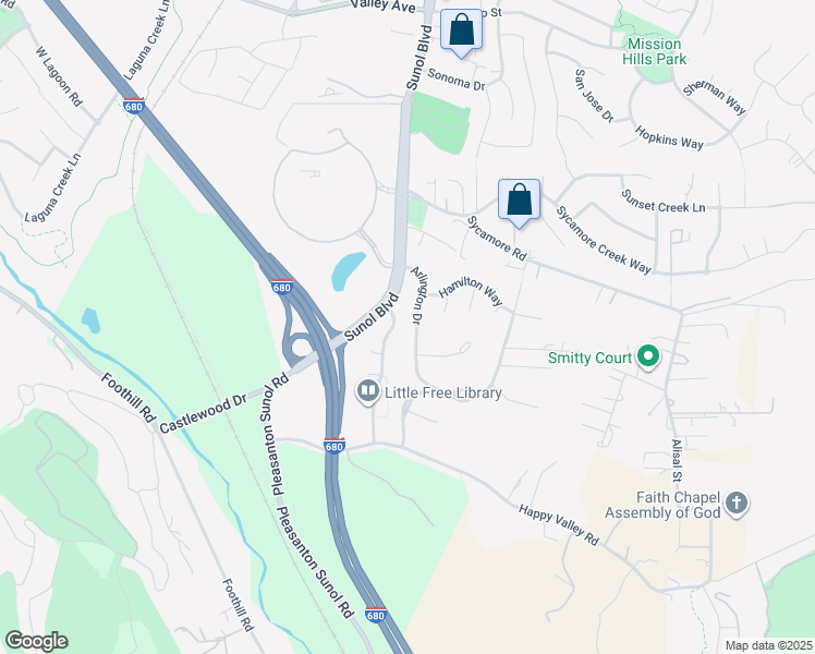 map of restaurants, bars, coffee shops, grocery stores, and more near 6607 Arlington Drive in Pleasanton