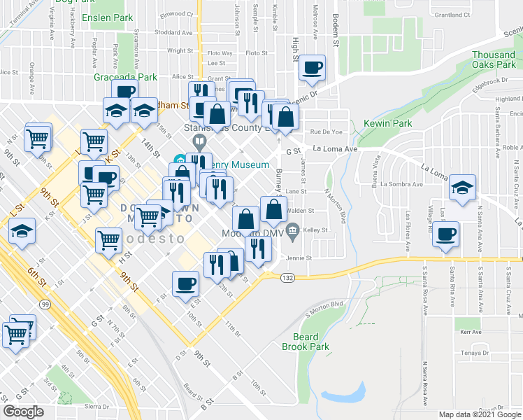 map of restaurants, bars, coffee shops, grocery stores, and more near 602 16th Street in Modesto