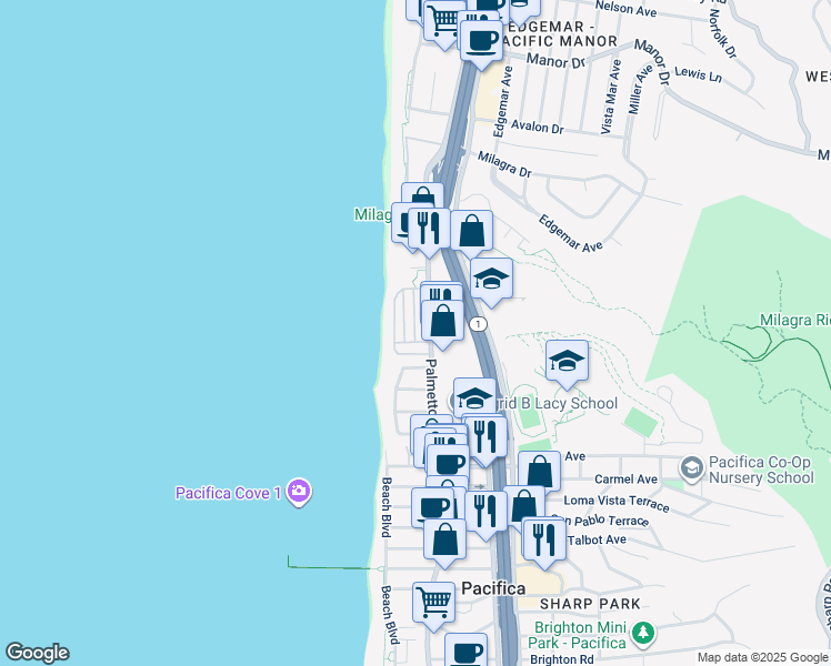 map of restaurants, bars, coffee shops, grocery stores, and more near 1300 Palmetto Avenue in Pacifica