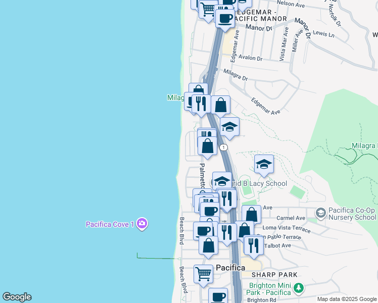map of restaurants, bars, coffee shops, grocery stores, and more near 1300 Palmetto Avenue in Pacifica