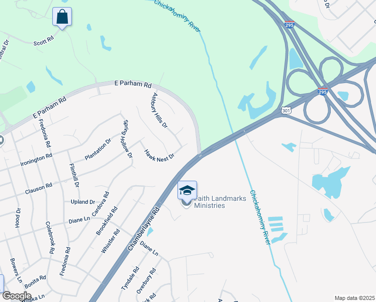 map of restaurants, bars, coffee shops, grocery stores, and more near 8308 Hawk Nest Drive in Richmond