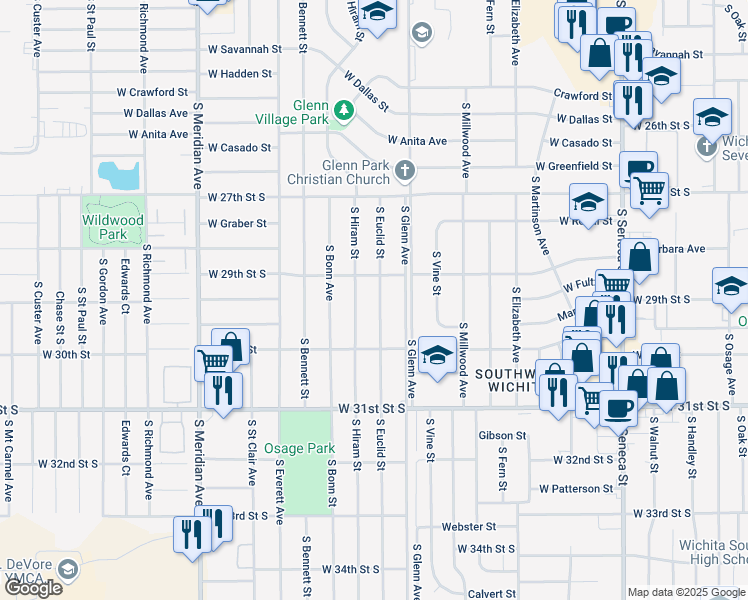 map of restaurants, bars, coffee shops, grocery stores, and more near 3015 South Euclid Street in Wichita