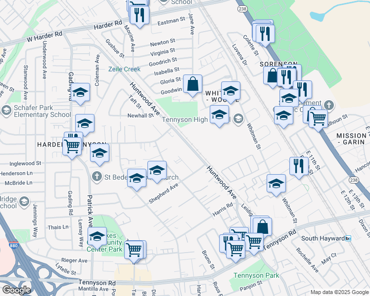 map of restaurants, bars, coffee shops, grocery stores, and more near 26903 Huntwood Avenue in Hayward