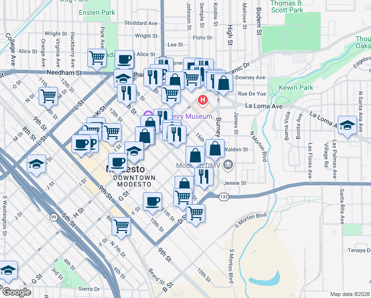 map of restaurants, bars, coffee shops, grocery stores, and more near 622 15th Street in Modesto