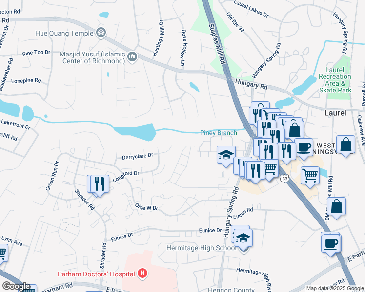 map of restaurants, bars, coffee shops, grocery stores, and more near 8730 Springwater Drive in Henrico