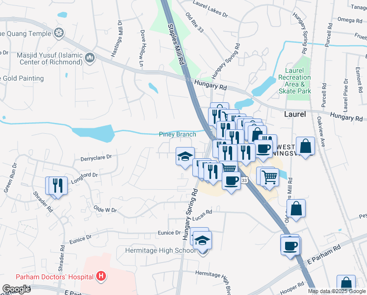map of restaurants, bars, coffee shops, grocery stores, and more near 9205 Terrapin Court in Henrico