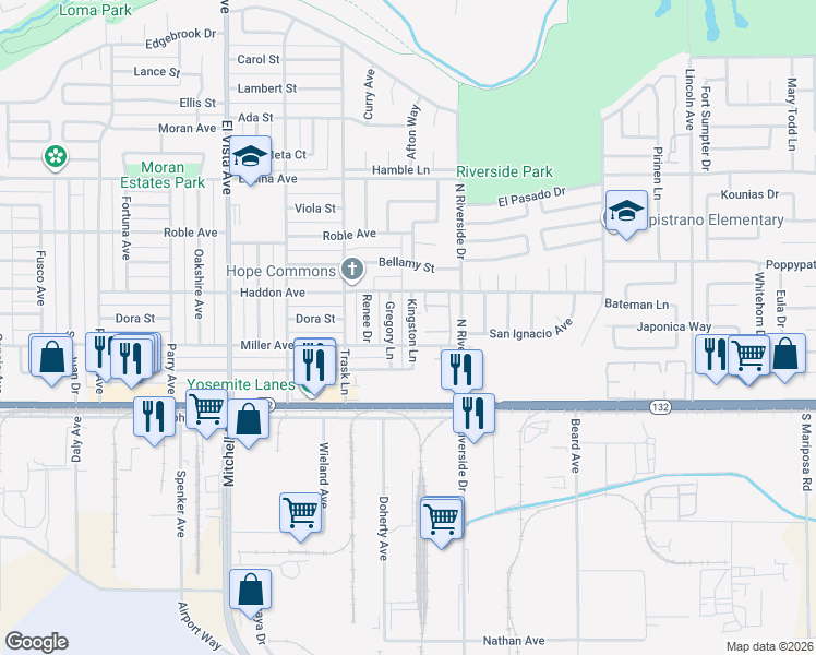 map of restaurants, bars, coffee shops, grocery stores, and more near 209 Kingston Lane in Modesto