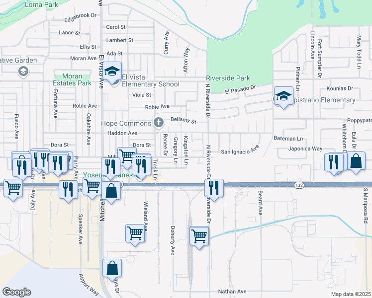 map of restaurants, bars, coffee shops, grocery stores, and more near Kingston Lane in Modesto