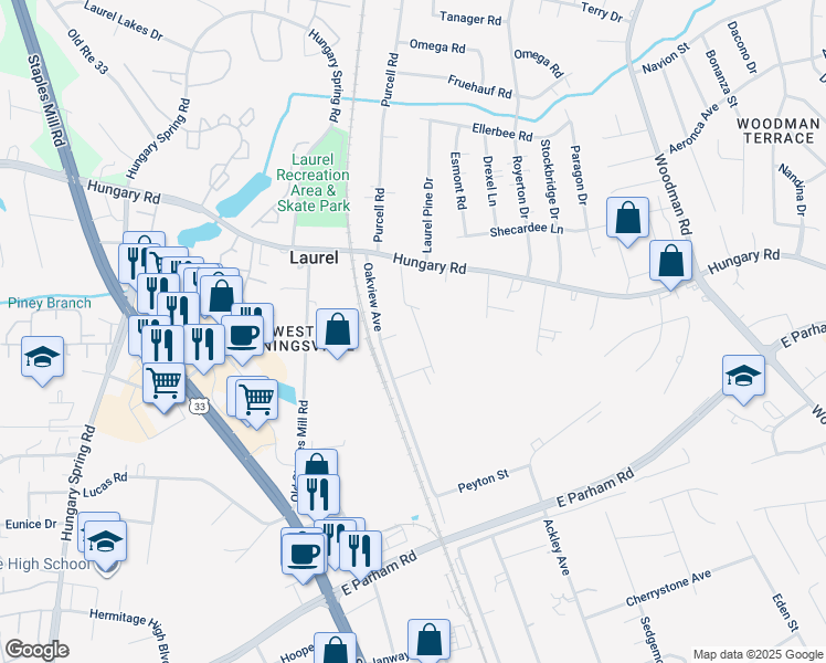 map of restaurants, bars, coffee shops, grocery stores, and more near 9109 Oakview Avenue in Richmond