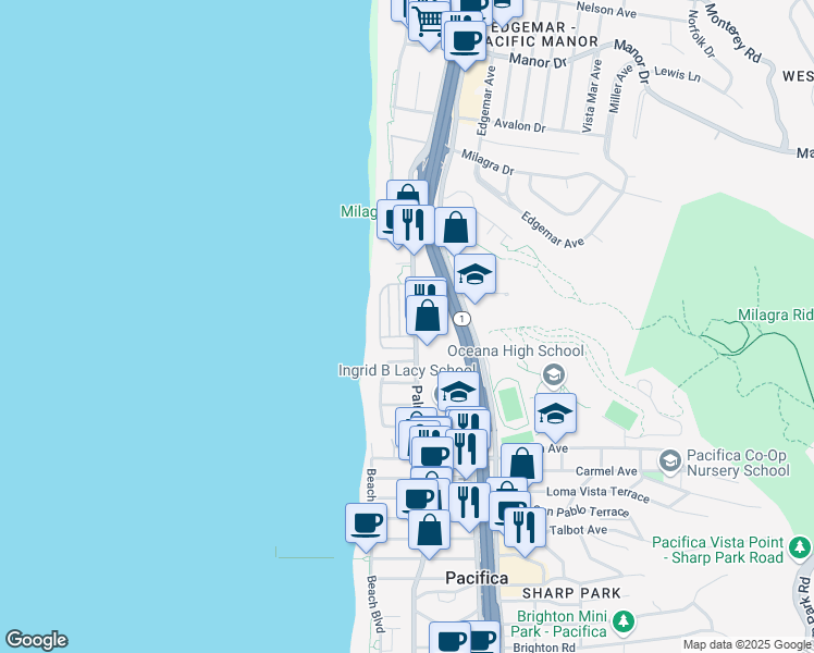 map of restaurants, bars, coffee shops, grocery stores, and more near in Pacifica