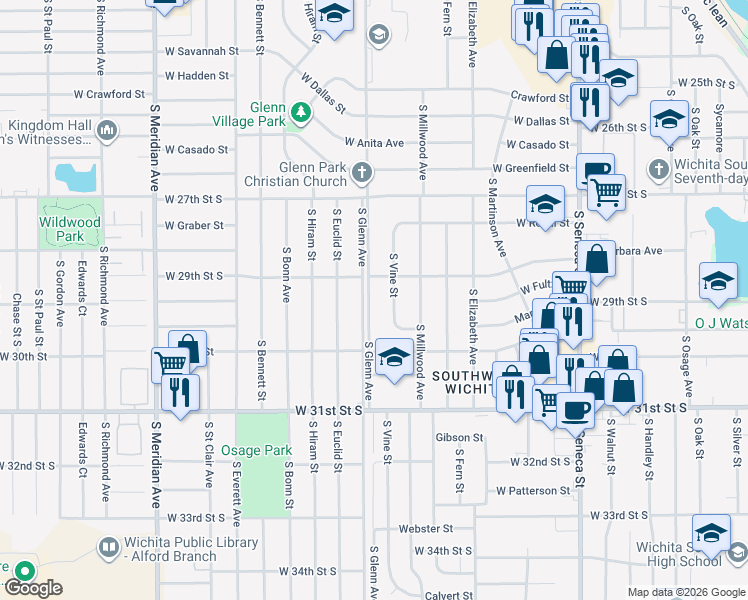 map of restaurants, bars, coffee shops, grocery stores, and more near 3015 South Glenn Avenue in Wichita