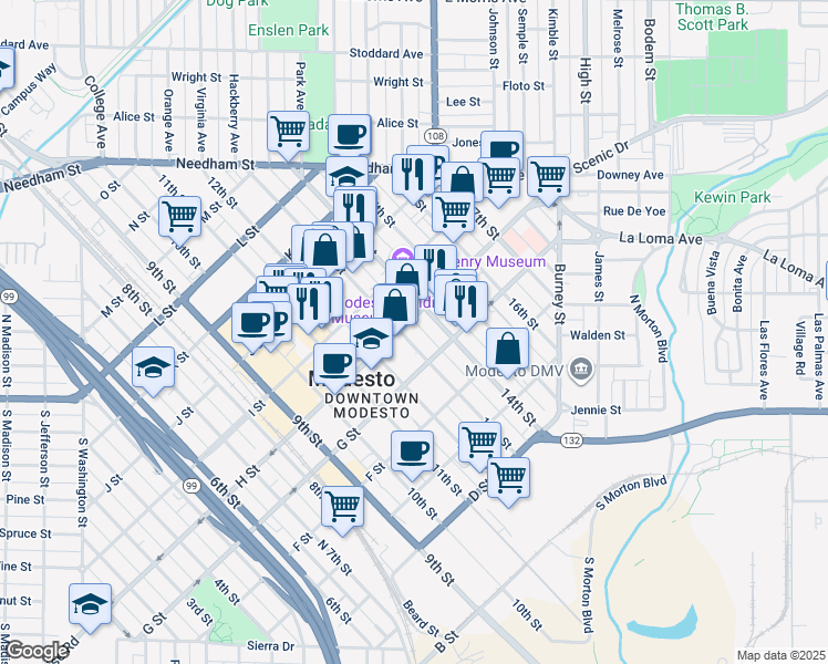 map of restaurants, bars, coffee shops, grocery stores, and more near 1310 H Street in Modesto