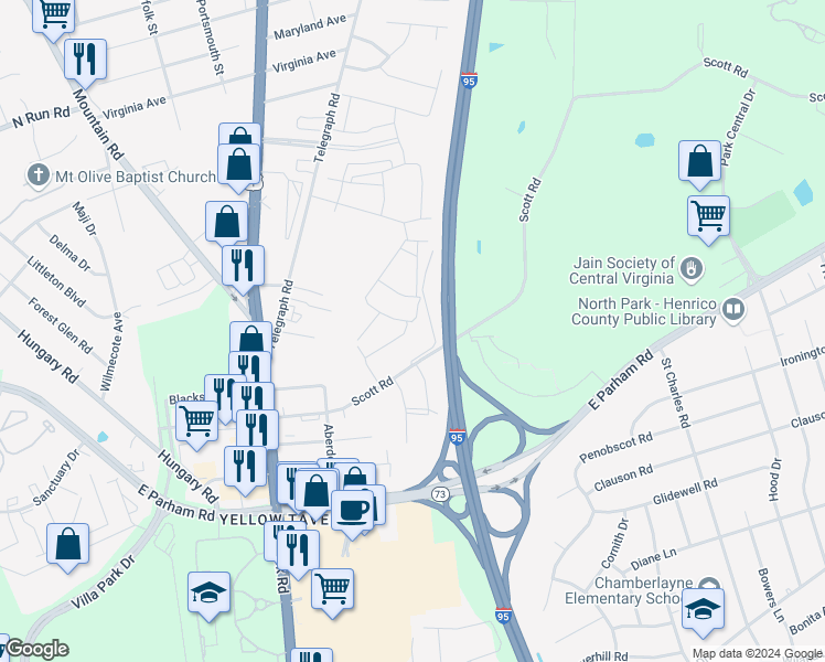 map of restaurants, bars, coffee shops, grocery stores, and more near 932 Scott Road in Richmond