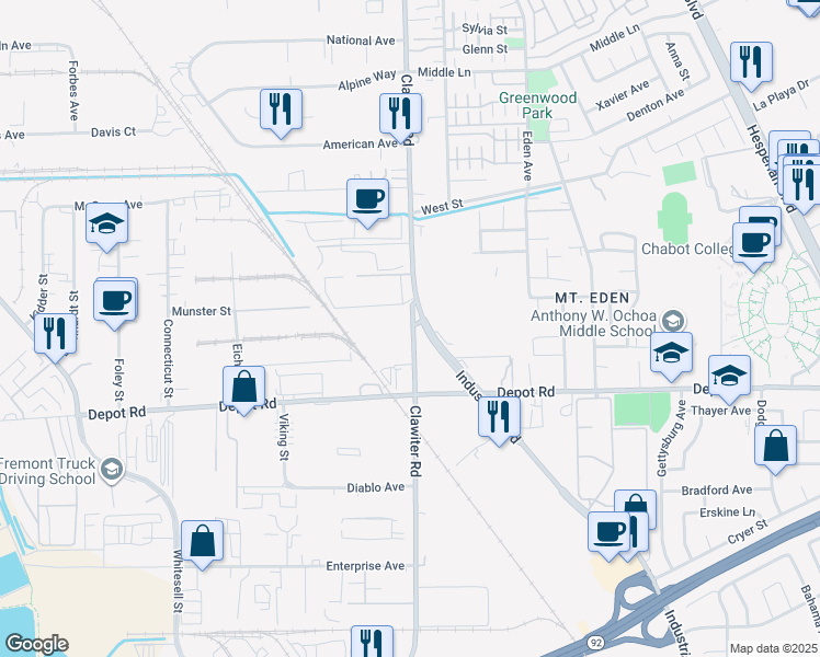map of restaurants, bars, coffee shops, grocery stores, and more near 24701 Clawiter Road in Hayward