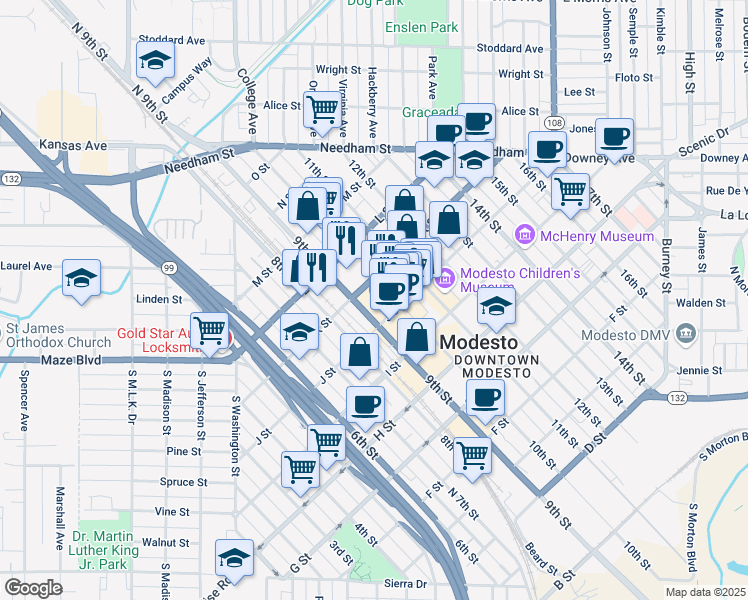 map of restaurants, bars, coffee shops, grocery stores, and more near in Modesto