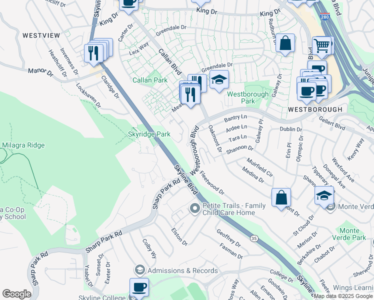 map of restaurants, bars, coffee shops, grocery stores, and more near 3470 Carter Drive in South San Francisco