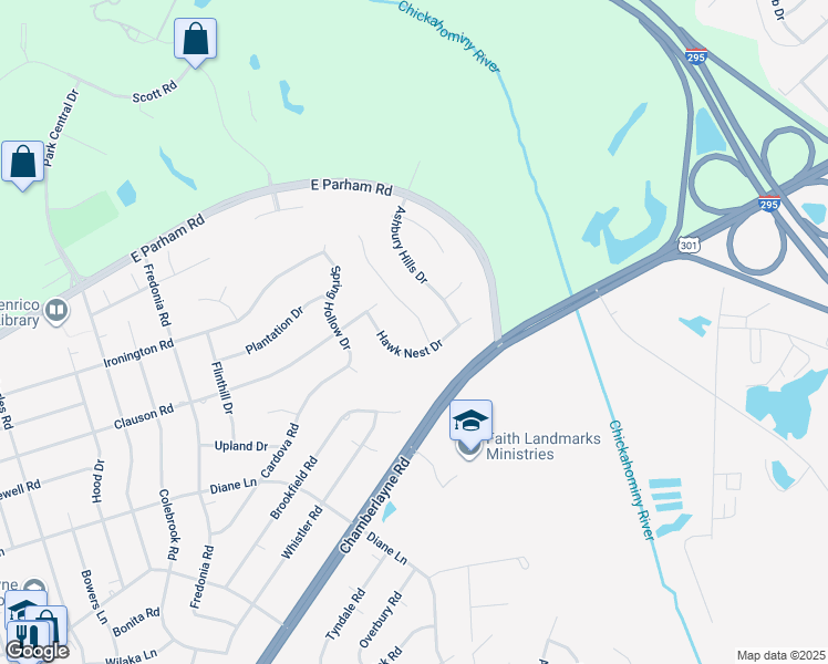 map of restaurants, bars, coffee shops, grocery stores, and more near 113 Hawk Nest Court in Richmond