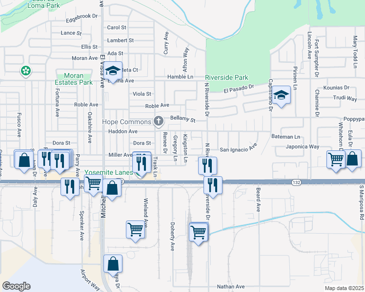 map of restaurants, bars, coffee shops, grocery stores, and more near 211 Kingston Lane in Modesto