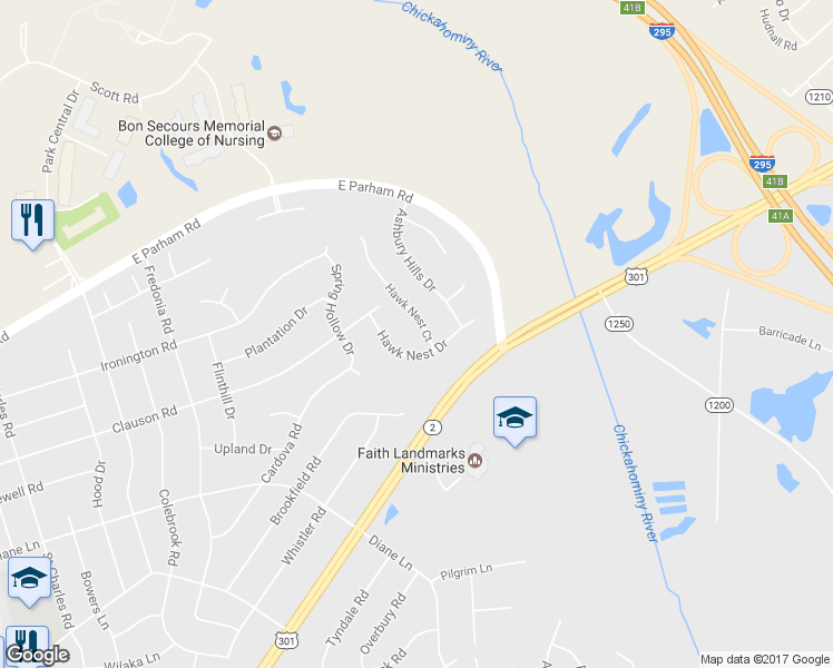 map of restaurants, bars, coffee shops, grocery stores, and more near 113 Hawk Nest Court in Richmond