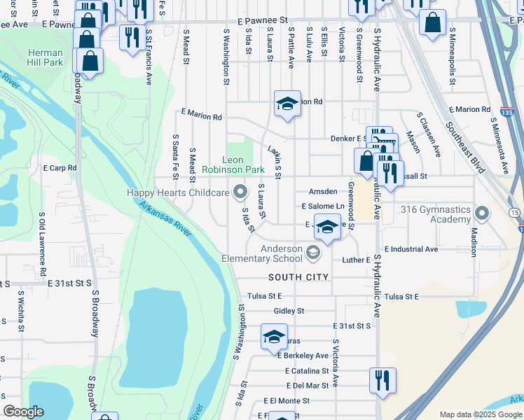 map of restaurants, bars, coffee shops, grocery stores, and more near 2858 Laura Street in Wichita