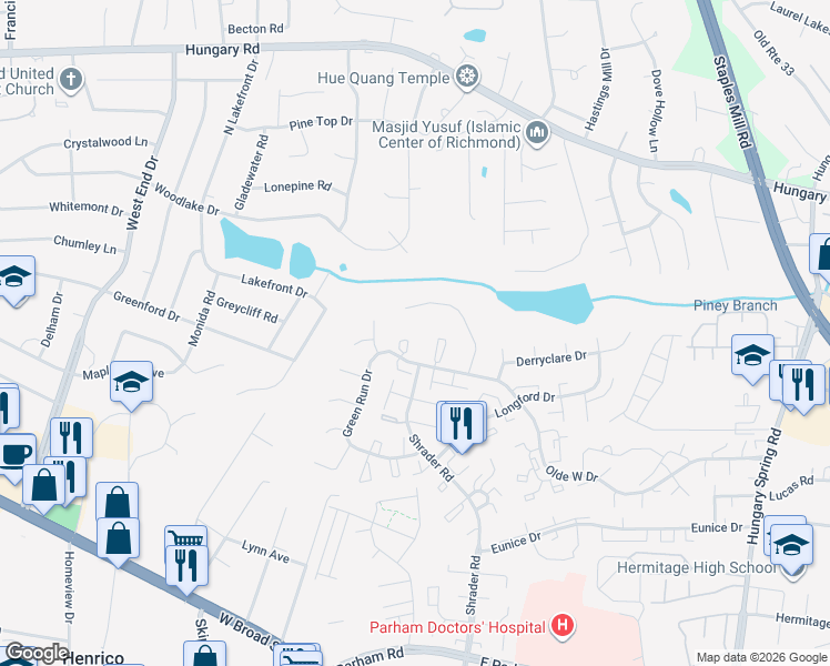 map of restaurants, bars, coffee shops, grocery stores, and more near 4944 Tanfield Drive in Richmond