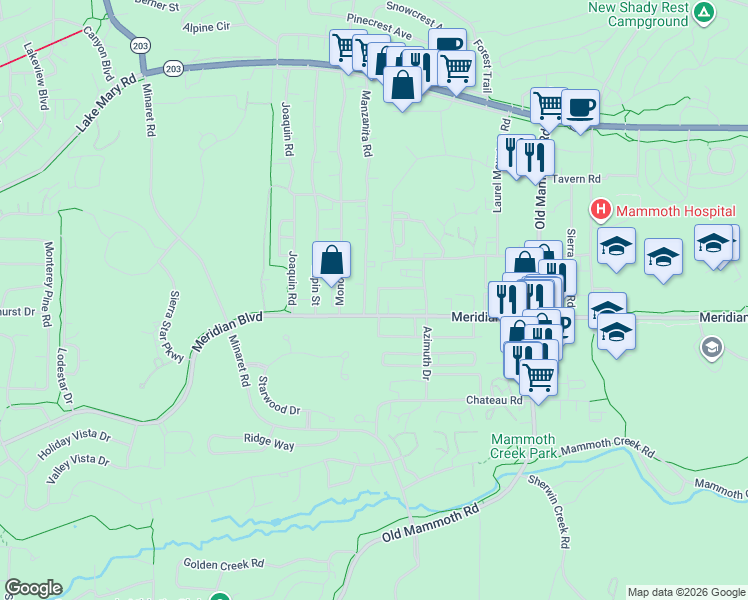 map of restaurants, bars, coffee shops, grocery stores, and more near 484 Manzanita Road in Mammoth Lakes