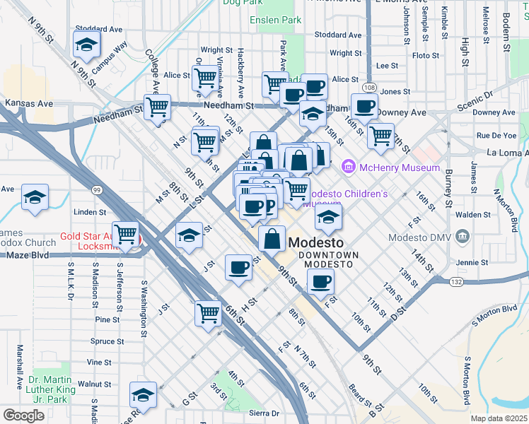map of restaurants, bars, coffee shops, grocery stores, and more near 1002 10th Street in Modesto