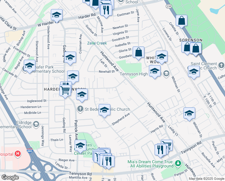 map of restaurants, bars, coffee shops, grocery stores, and more near 447 Schafer Road in Hayward