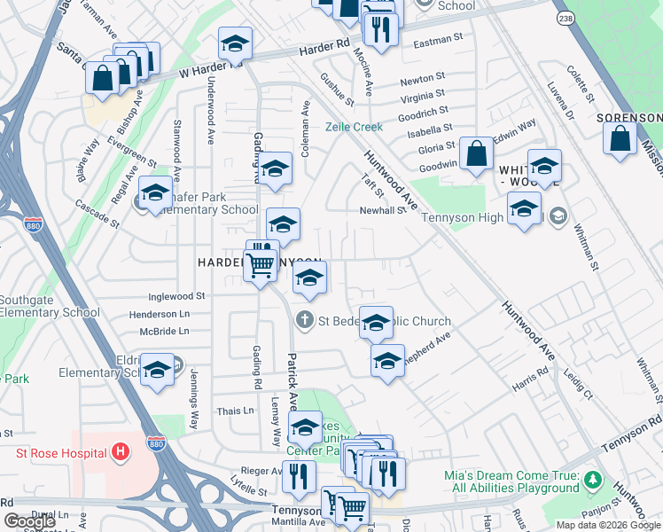 map of restaurants, bars, coffee shops, grocery stores, and more near 713 Schafer Road in Hayward