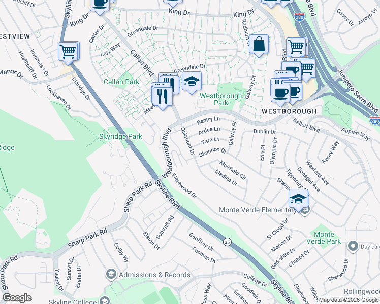 map of restaurants, bars, coffee shops, grocery stores, and more near 3301 Oakmont Drive in South San Francisco
